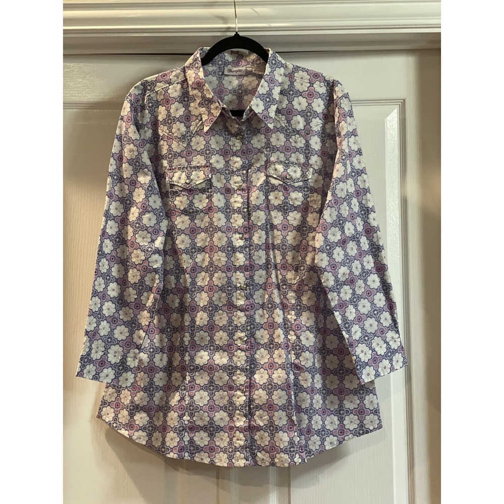 Wrangler Button Up Shirt Womens XXL Purple Floral Snap Rhinestone Western Top